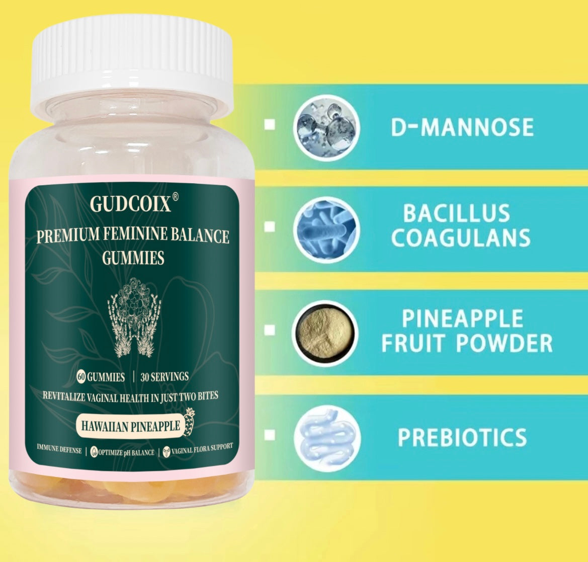 GUDCOIX Feminine Gummies - Hawaiian Pineapple Flavor, 60 Count - Dietary, Healthcare Supplement Fitness Edible Nutrition Fruit Vitamin