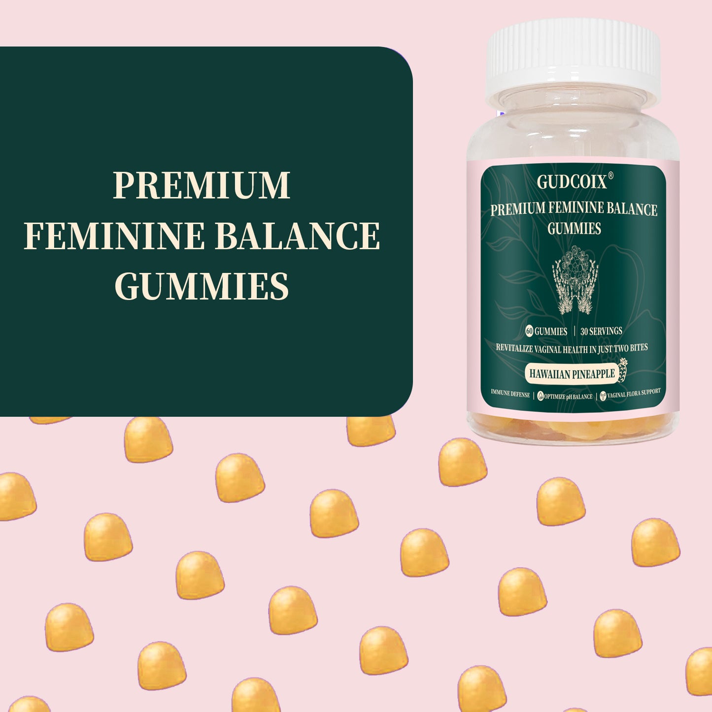 GUDCOIX Feminine Gummies - Hawaiian Pineapple Flavor, 60 Count - Dietary, Healthcare Supplement Fitness Edible Nutrition Fruit Vitamin