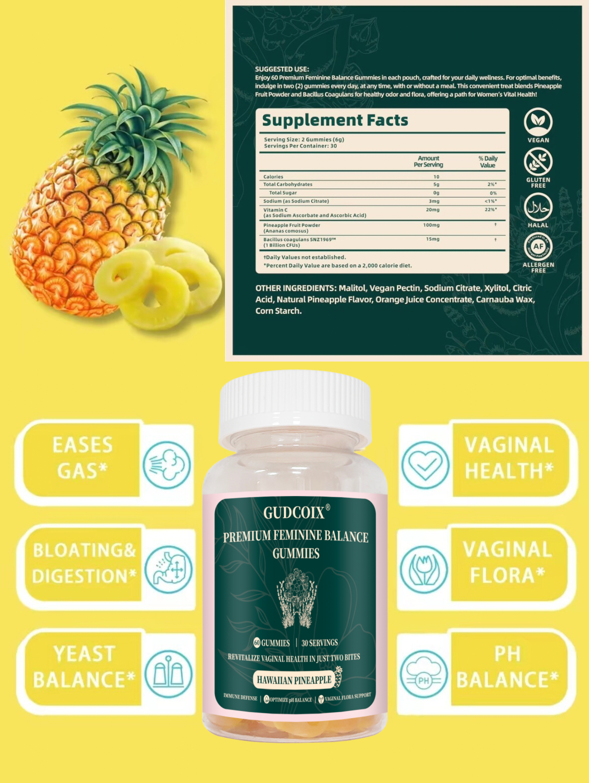 GUDCOIX Feminine Gummies - Hawaiian Pineapple Flavor, 60 Count - Dietary, Healthcare Supplement Fitness Edible Nutrition Fruit Vitamin
