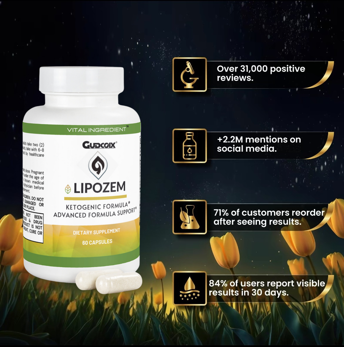 GUDCOIX Lipozem - 100% Natural - 2 Caps/Day - Advanced BHB Formula - Healthcare Supplement
